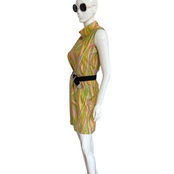 Groovy Handmade One of a Kind 60s / 70s Psychedelic Swirl Mock Neck Mini Dress - Picture 9 of 11